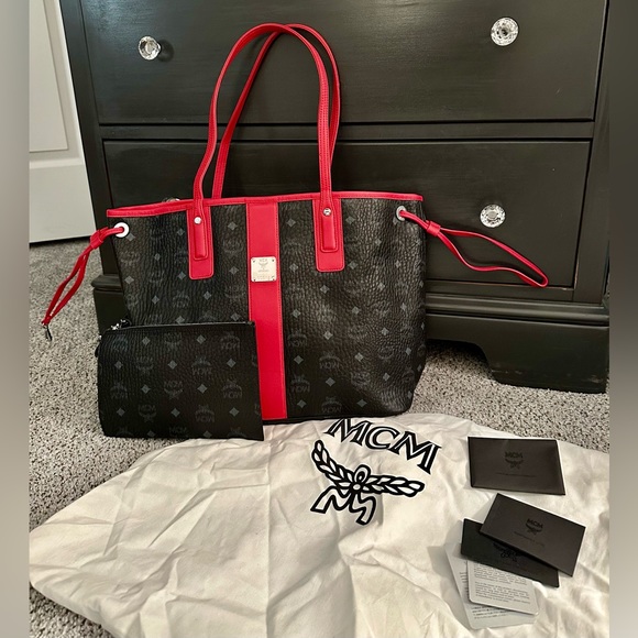 MCM Handbags - MCM Black Red Trim Visetos Liz Reversible Medium Shopper Tote w Pouch NWOT R$630